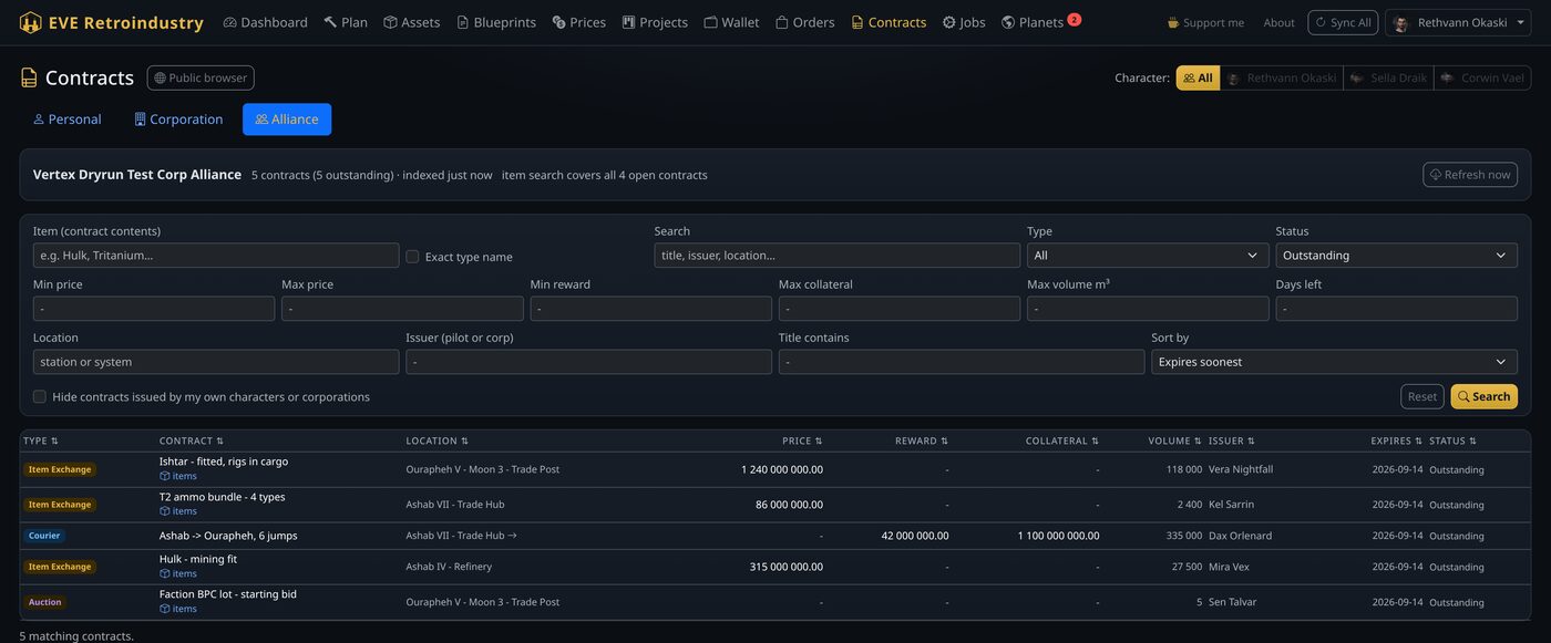 Alliance contracts with filters and item search