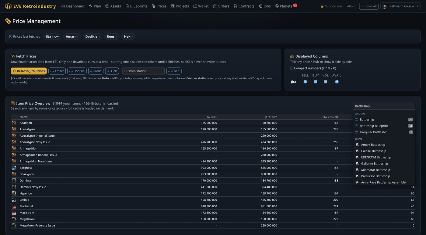 Price table comparing Jita and secondary trade hubs